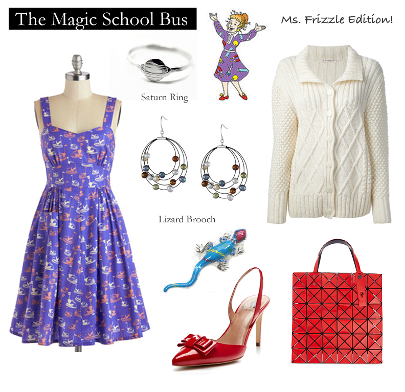 Outfit inspired by The Magic School Bus series by Joanna Cole.
“If you keep an open mind, you never know who might walk in!”
Purple Print Dress | Available at Modcloth.com
Red Slingback Shoes | Available at Gilt.com
Blue Lizard Brooch | Available at...