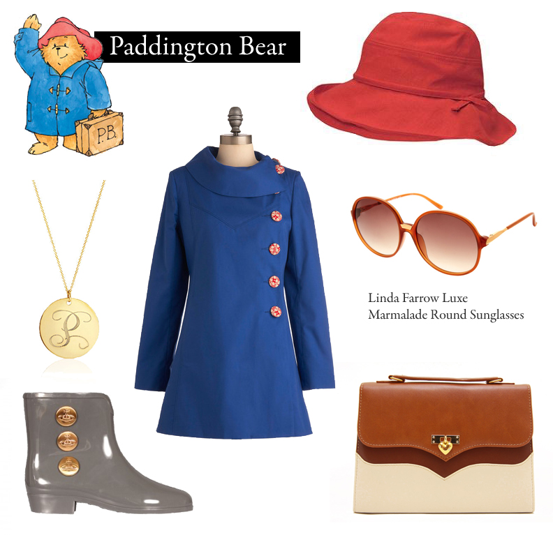 Outfit inspired by Michael Bond&#8217;s A Bear Called Paddington.  
“It&#8217;s nice having a bear about the house.”
Mod for It Coat in Lake Blue| $199.99 from ModCloth
 Tricolour-Brown Camel and Cream Suitcase| $48 from Babushka Jewelry
 Red Bow-Accent Hat| $46.90 by Yes Style
 Gold Monogram Necklace| $79.99 by VonEshna Jewelry 
Melissa Shoes | $156.56 by Vivienne Westwood
Luxe Marmalade Round Sunglasses | $556.64 by Linda Farrow