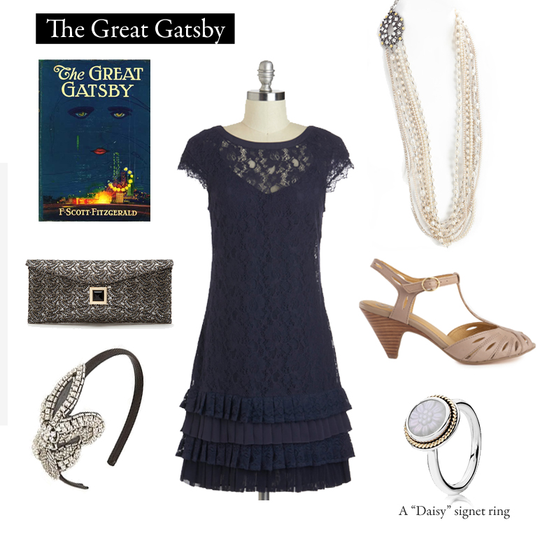 Outfit inspired by The Great Gatsby by F. Scott Fitzgerald.&#8221;In his blue gardens men and girls came and went like moths among the whisperings and the champagne and the stars.” 
Blue Dress | $147.99 on Modcloth
Trip the Light Fantastic Shoes | $90 by Seychelles
Sequined Envelope Clutch | $249 by Kara Ross
Daisy Signet Ring | $180 by Pandora
Long Wagner Necklace | $840 at Ahalife
 