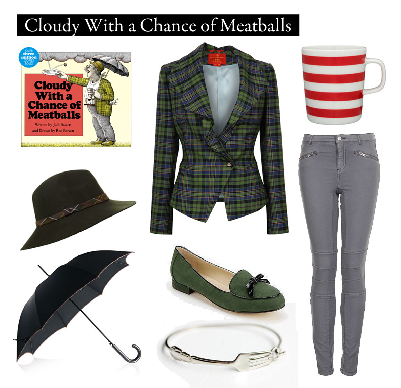 Outfit inspired by Cloudy With a Chance of Meatballs by Judi and Ron Barrett.
“And sometimes the wind blew in storms of hamburgers.”
Black & Green Tartan Tailored Jacket | $1,147 by Vivienne Westwood
Tasaraita Red & White Mug | £16 by...