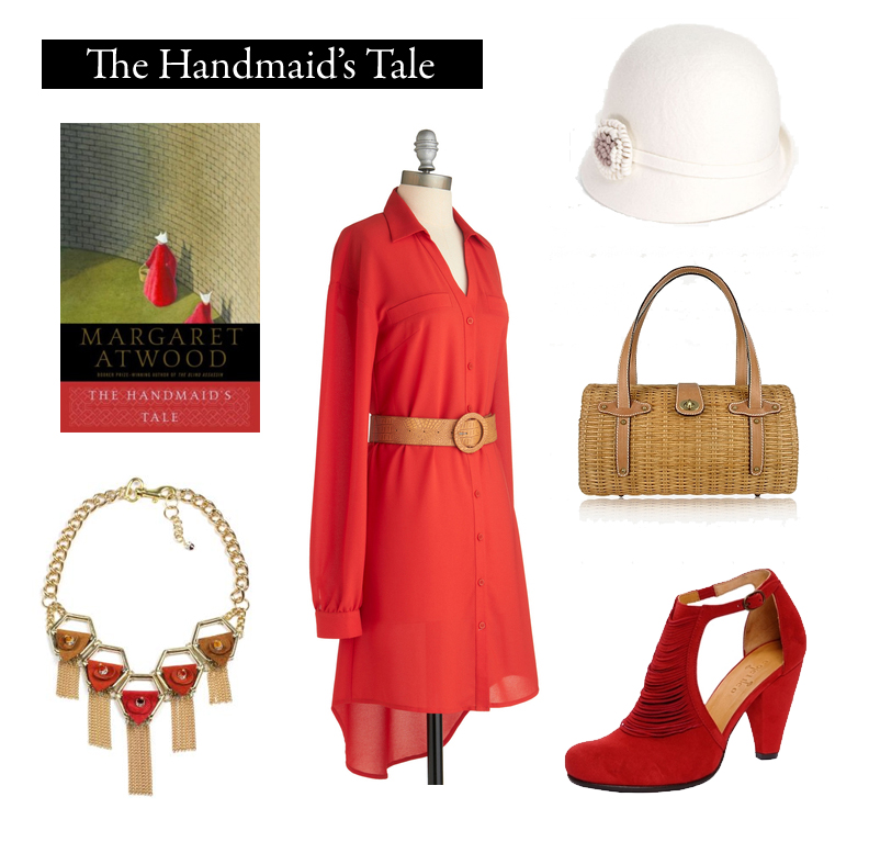 Outfit inspired by Margaret Atwood’s The Handmaid’s Tale.
“You can think clearly only with your clothes on.”
Red All About You Dress | $79.99 at ModCloth
Eridan Necklace | £145 at Hannah Zakari
Wicker Purse | $534 at Forzieri
Felt Flower Cloche Hat |...