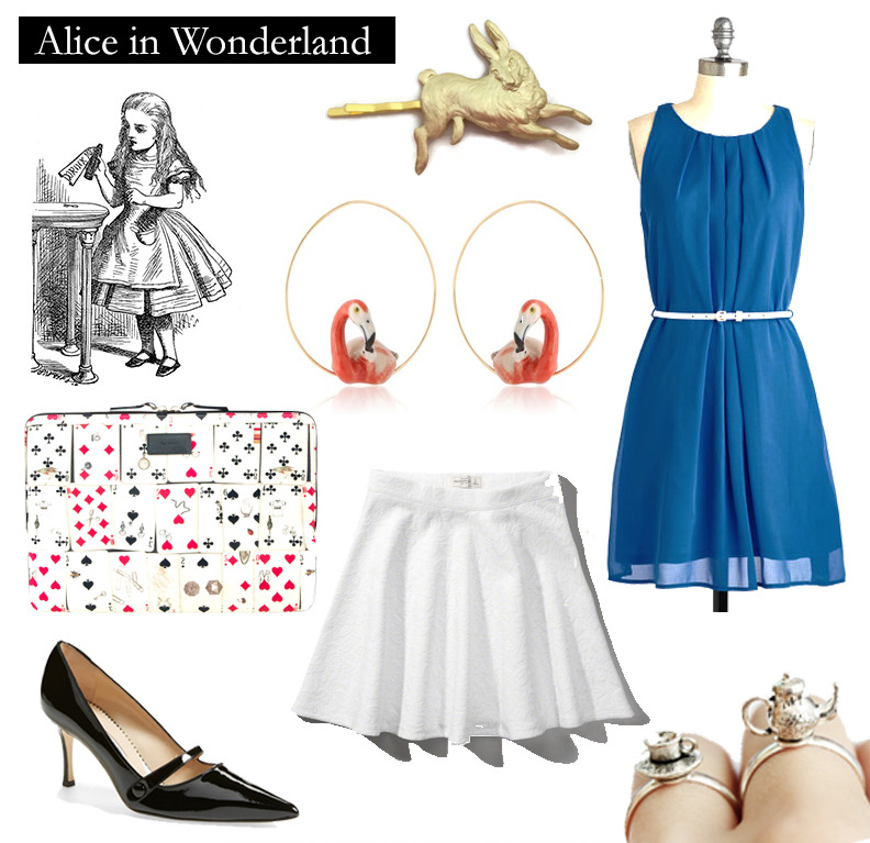 Outfit inspired by Lewis Carroll’s Alice in Wonderland.“In a Wonderland they lie, dreaming as the days go by.”Blue Dress | Available at ModClothWhite Lace Skater Skirt | Available at Abercrombie &amp; FitchManolo Blahnik Mary Janes | Available at NordstromPlaying Cards Laptop Sleeve | Available at Paul SmithGolden Rabbit Bobby Pin | Available on EtsyFlamingo Earrings | Available on NACHTeapot &amp; Teacup Rings | Available on Etsy