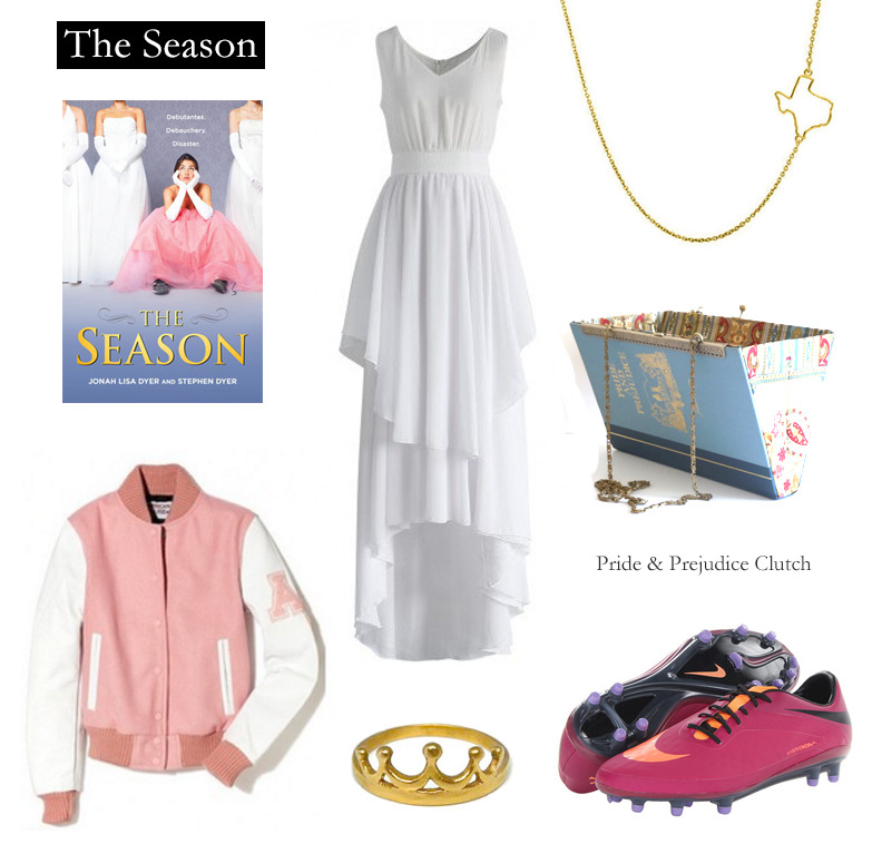 Outfit inspired by The Season by Jonah Lisa Dyer and Stephen Dyer.Nike Hypervenom Phatal FG Soccer Cleats | Available from 6pm.comEthereal Waterfall Chiffon Maxi Dress in White | Available from Chic WishTexas Necklace | Available from Etsy.comSimple Gold Tiara Crown Ring | Available from Etsy.comPink Letterman Jacket | Available from American CollegePride and Prejudice Clutch | Available from ExLibrisPurses