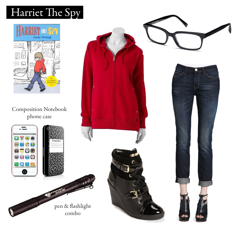 Outfit inspired by Louise Fitzhugh&rsquo;s Harriet the Spy. [Now celebrating it&rsquo;s 50th Anniversary!] 
&ldquo;&lsquo;Well, I&rsquo;m going to be a writer. And when I say that&rsquo;s a mountain, that&rsquo;s a mountain.&rsquo; Satisfied, she turned back to her town.&rdquo;
Red Hoodie by Dickies | $46.40 at Kohl&rsquo;s
Rolled-up Skinny Jeans by Current/Elliott | $218 at Neiman Marcus
Linwood Eyeglasses | $95 at Warby Parker
Skid Wedge Sneaker | $194.95 by Michael Kors
Streamlight Stylus Pro | $21.14 on Amazon.com
Composition Notebook iPhone Case | 10.99 on Amazon.com