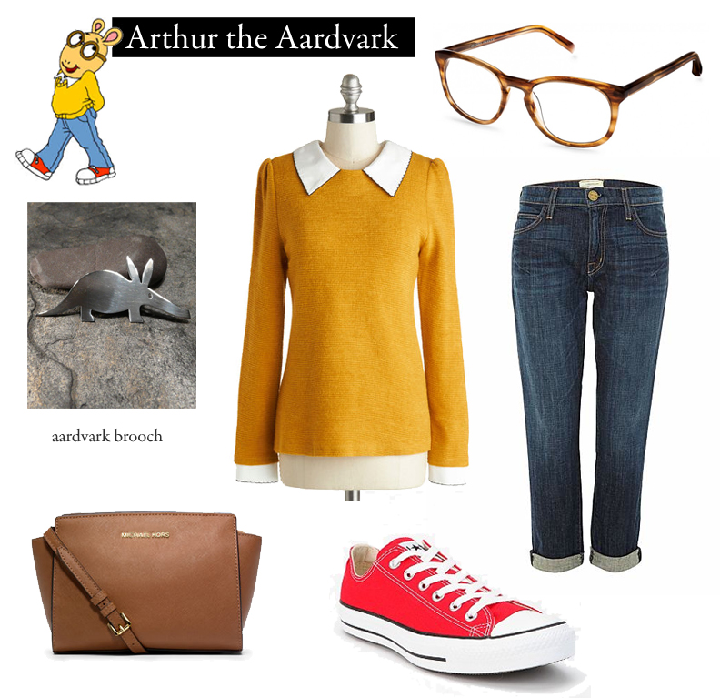 Outfit Inspired Marc Brown&rsquo;s Arthur series.
“Having fun isn&rsquo;t hard when you&rsquo;ve got a library card!&ldquo; 
Yellow Sweater | $59.99 at Modcloth
Boyfriend Jeans | £240 at House of Fraser
Red All-Star Converses | $80 at Converse
Selma Messenger Bag | $228 at Michael Kors
&quot;Lyle&rdquo; Eyeglasses | $95 by Warby Parker
Silver Aardvark Brooch | $48 on Etsy