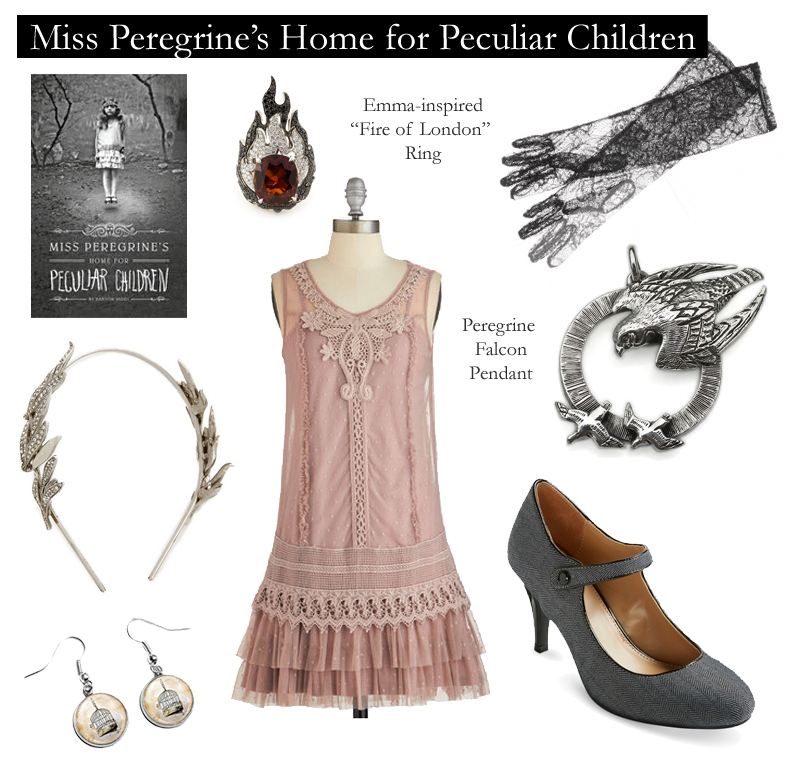 Outfit inspired by Ransom Rigg’s Miss Peregrine’s Home for Peculiar Children.“I don&rsquo;t mean to be rude,” I said, “but what are you people?”“We&rsquo;re peculiar,” he replied, sounding a bit puzzled. “Aren&rsquo;t you?”“I don&rsquo;t know. I don&rsquo;t think so”“That&rsquo;s a shame.” 1940′s Dress | Available at ModclothMary Jane Shoes | Available at TargetPeregrine Falcon Pendant | Available on EtsyPavé Jeweled Headband | Available on ShopbopBirdcage Earrings | Available on EtsyBlack Lace Gloves | Available on My Theresa“Fire of London” Ring | Available on FarFetch