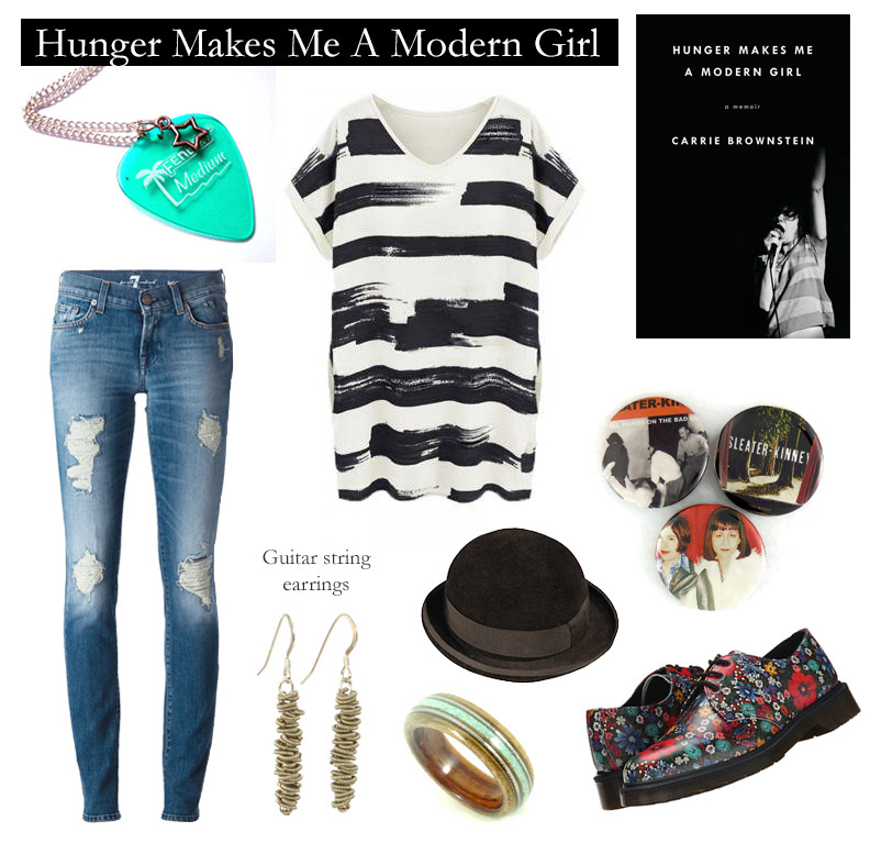 Outfit inspired by Carrie Brownstein’s Hunger Makes Me A Modern Girl.“Nostalgia asks so little of us, just to be noticed and revisited.” Chiffon Stripe Printed Round Collar Short Sleeve Blouse | Available on New ChicFloral Doc Martens | Available on ZapposSleater-Kinney Buttons | Available on EtsyPlectrum Necklace Guitar Pick Charm | Available on EtsyGuitar String Earrings | Available on Etsy Wooden Ring with Guitar String Inlay | Available on EtsyBowler Hat | Available on 1stdibs7 For All Mankind Distressed Skinny Jeans | Available on FarFetch