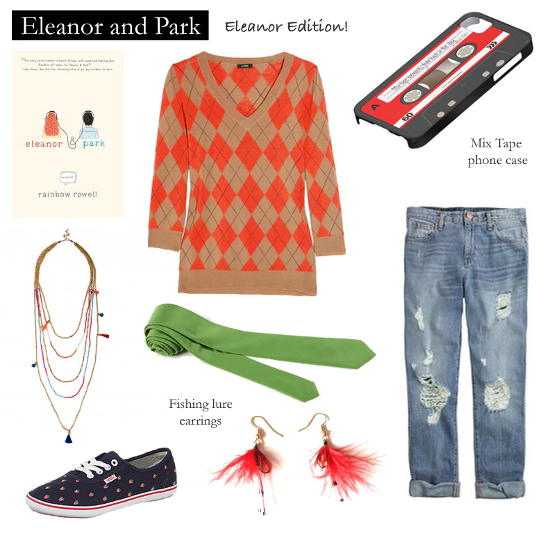 Outfit inspired by Rainbow Rowell&rsquo;s Eleanor and Park.
Park didn&rsquo;t know if Eleanor even had any girls&rsquo; clothes—and he didn&rsquo;t care. 
Orange Jester Sweater | Available at J. Crew
Broken-In Boyfriend Jeans | Available at J. Crew
Navy Vans with Strawberries Print | Available on eBay
Silky Green Skinny Tie | Available from SkinnyTies.com
Red Feather Fishing Lure Earrings | Available on Etsy
Layered Tassel and Pom Necklace | Available from Sole Society
Mix Tap iPhone Cover | Available from Zazzle.com