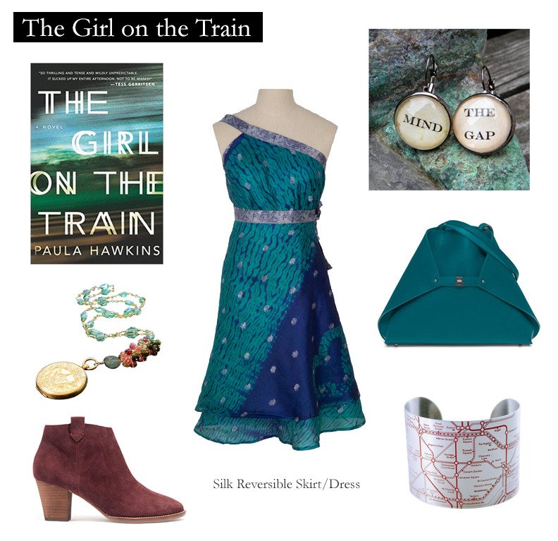 Outfit inspired by Paula Hawkins’ The Girl on the Train.  “The holes in your life are permanent. You have to grow around them, 
like tree roots around concrete; you mold yourself through the gaps.” 
 Reversible Silk Wrap Dress/Skirt | Available through EtsyBracelet Cuff of London Tube | Available through Etsy“Mind the Gap” Earrings | Available through Etsy  Akris Ai Reversible Cervo Tote Bag | Available from Neiman MarcusSuede Booties in Plum Wine Color | Available from MadewellGreen Amethyst Locket Necklace | Available from 1stdibs 