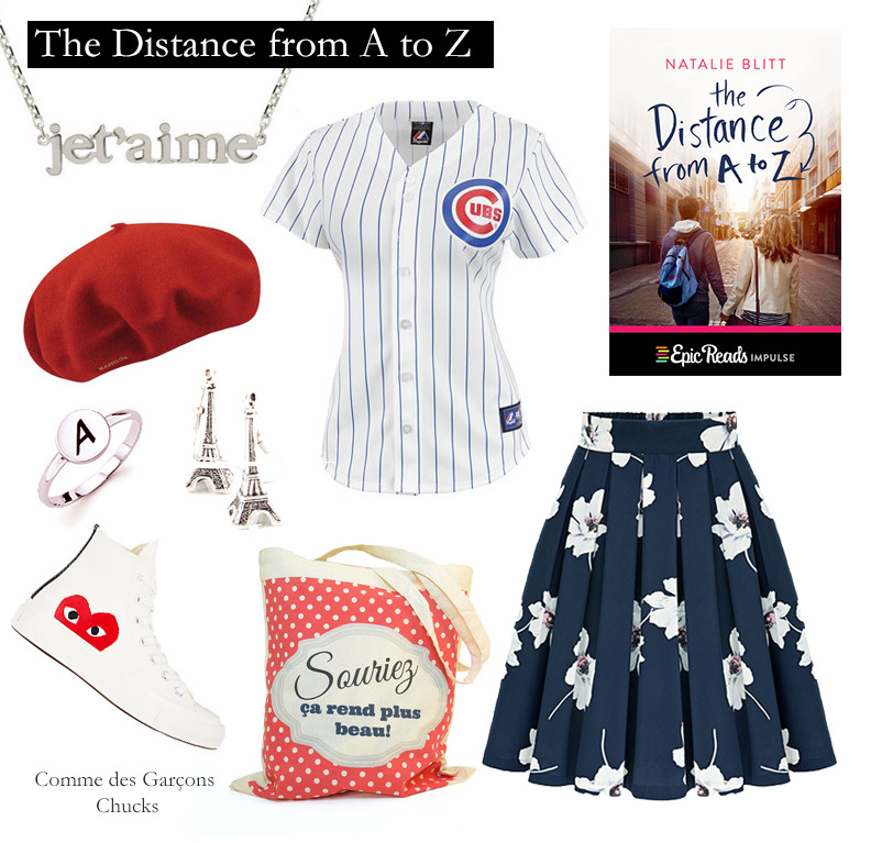 Outfit inspired by Natalie Blitt’s The Distance from A to Z.Chicago Cubs Jersey | Available on MLB.comComme des Garçons Chucks | Available on Barneys.comFloral Skirt | Available on SheIn.comEiffel Tower Earrings | Available on Etsy.comJe T’aime Necklace | Available on Luvvi9.comFrench Tote | Available on Etsy.comInitial Ring | Available on Etsy.com