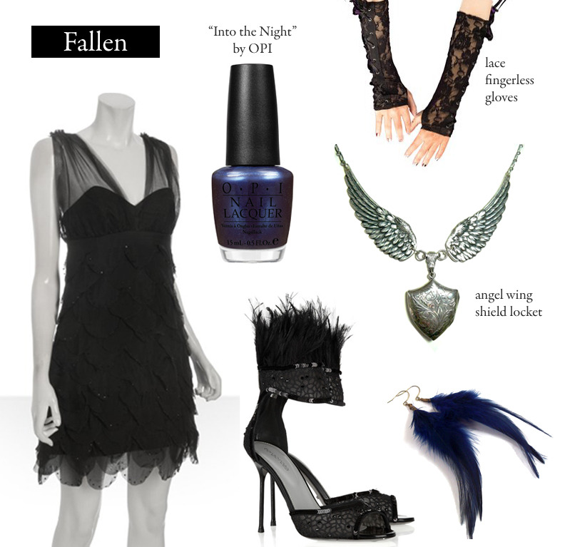 Outfit inspired by Lauren Kate’s Fallen.
“And while Luce dreamed below of the most glorious wings unfurling — the likes of which she’d never seen before — two angels in the rafters shook hands.”
Black Silk/Tulle Dress | $170.23 by Allen...