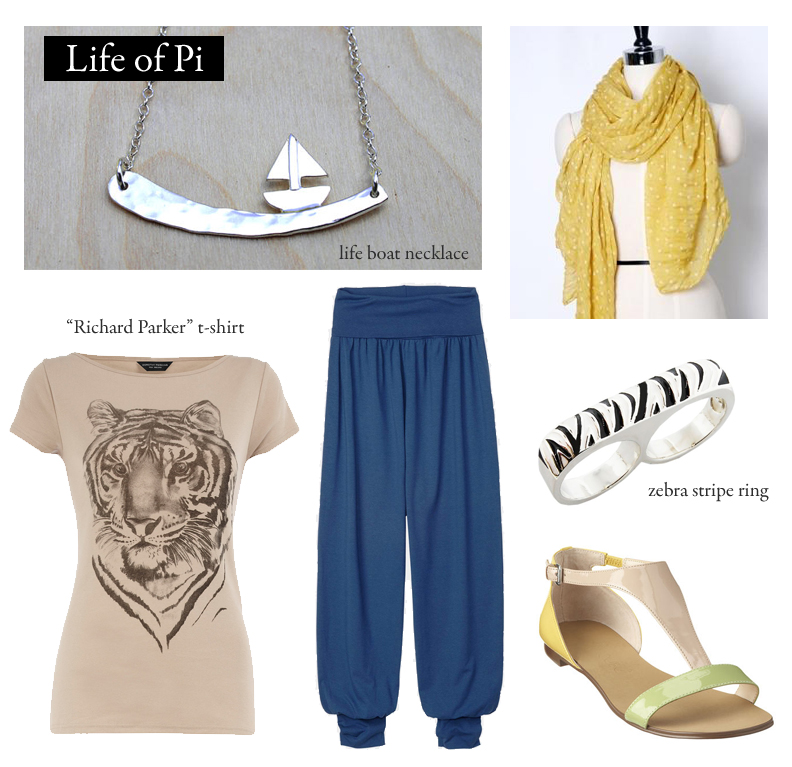 Outfit inspired by Yann Martel&#8217;s Life of Pi.
“We commonly say in the trade that the most dangerous animal in a zoo is Man.”
Boat on a Wave necklace | $70 by Adrienne Wroath 
Piraya sandals | $79 by Nine West
Tiger t-shirt | $21 by Dorothy Perkins
Zebra Twosome Ring | $114 by Erica Anenburg
Yellow floral scarf | $28 from Yes Style
Elli Harem Trousers | $120 from Toast