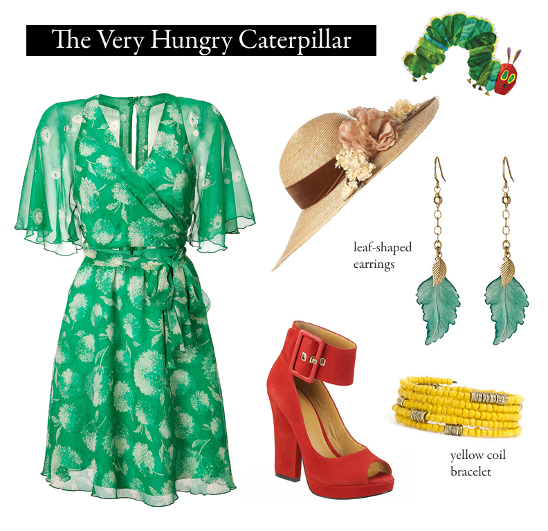 Outfit inspired by Eric Carle&#8217;s The Very Hungry Caterpillar
"In the light of the moon a little egg lay on a leaf."
Green Silk Wrap Dress | $480 by Anna Sui
Floral Floppy Hat | £36 by Topshop
Ivorie Shoe in Red | $99 by Nine West
Yellow Coil Bracelet | $14 by Stephan &amp; Co. 
Green Chalcedony Leaf Earrings | $60 by Athena Designs