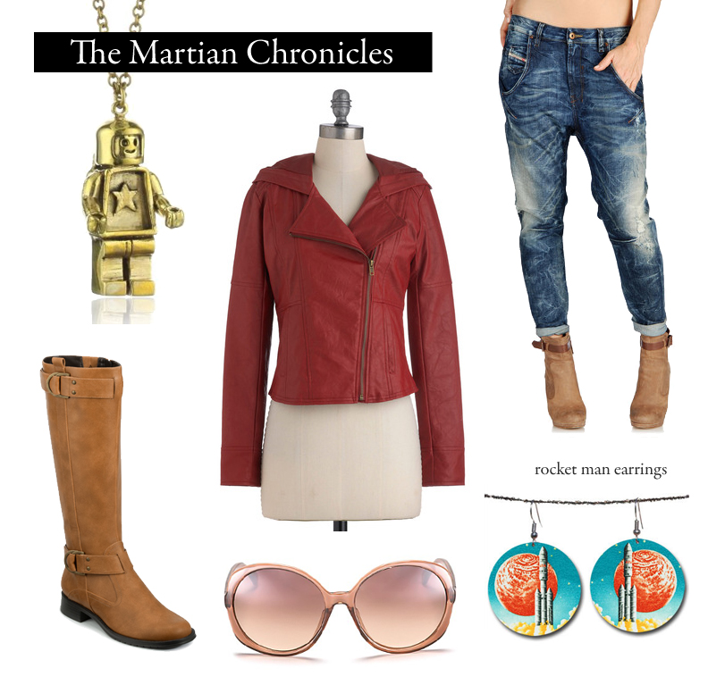 Outfit inspired by Ray Bradbury's The Martian Chronicles.
“We earth men have a talent for ruining big, beautiful things.”
Rocket Man Earrings | $17 on Etsy
FAYZA Relaxed Boyfriend Jeans| $298 by Diesel
Hit the Bricks Jacket in Red | $59.99 by...